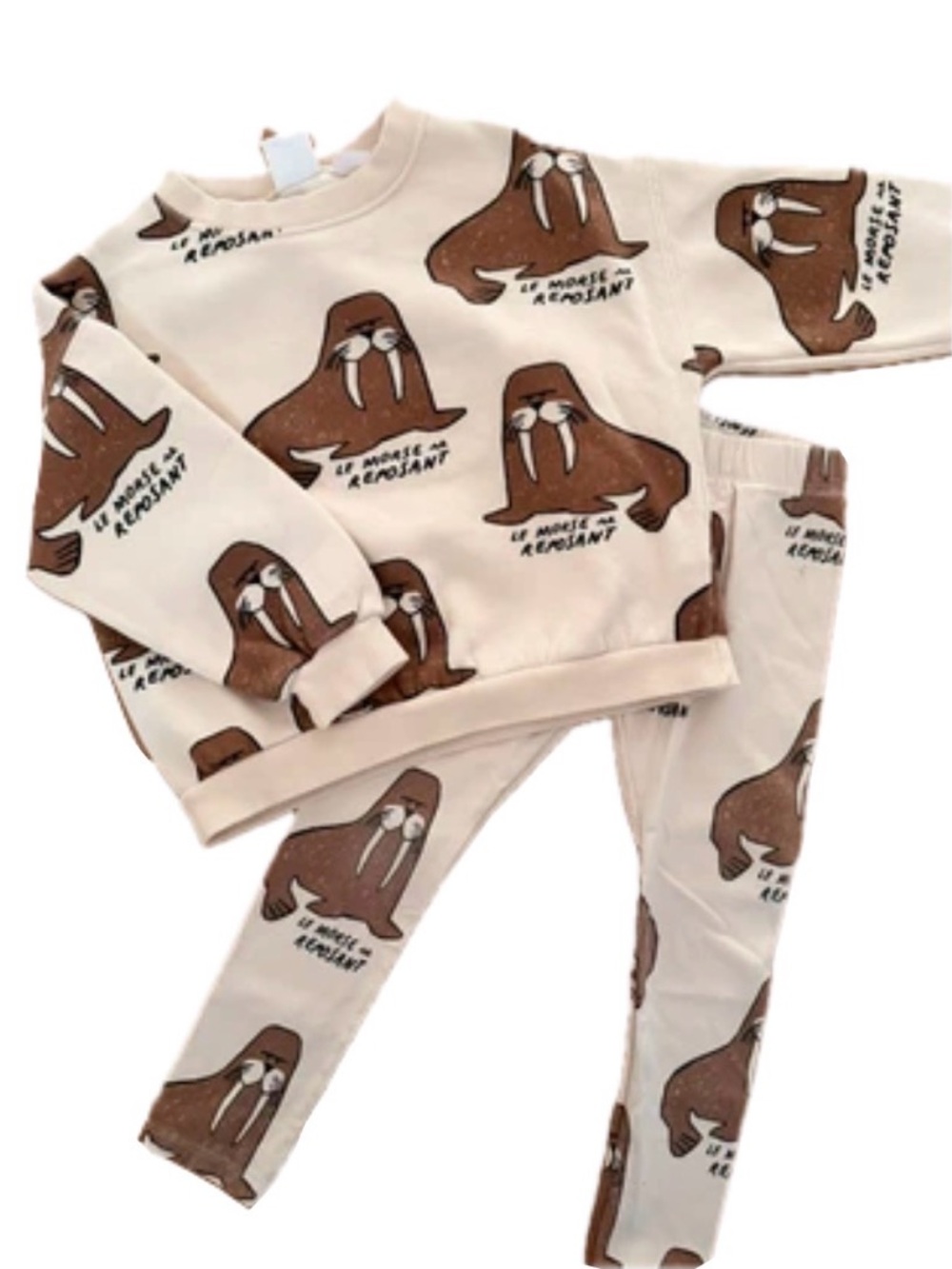 ZARA Walrus Print Kids Sweatshirt & Leggings Set - Cream & Brown